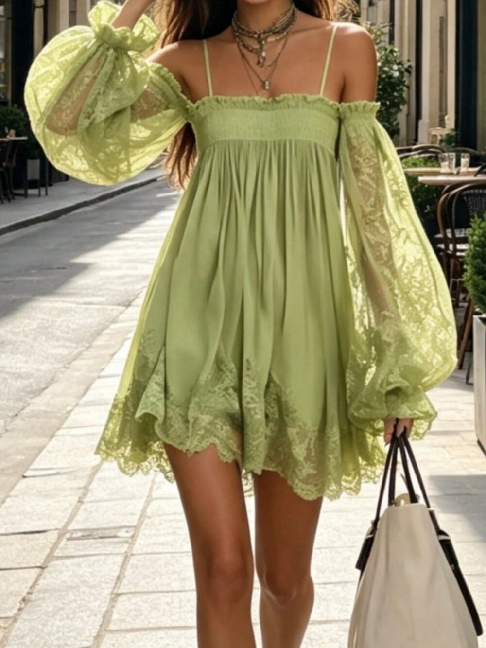 Green Boho Women's Off Shoulder Lace Mini Dress